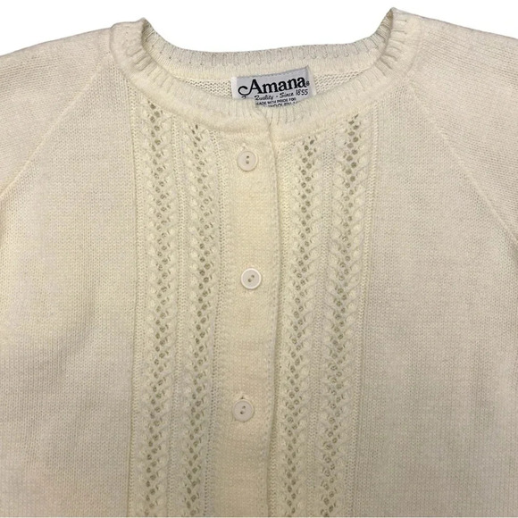 Vintage 90s Amana Open Knit Button Front Cream Ivory Cardigan Retro Twee Mod - Picture 2 of 8